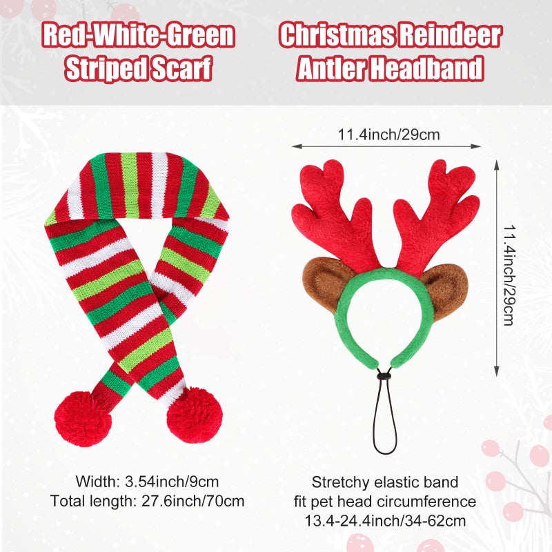 BWOGUE Dog Christmas Reindeer Elk Antlers Headband and Red-White-Green Striped Scarf Set Pet Christmas Costume Dog Costumes Accessories for Dogs and Cats - Image 4
